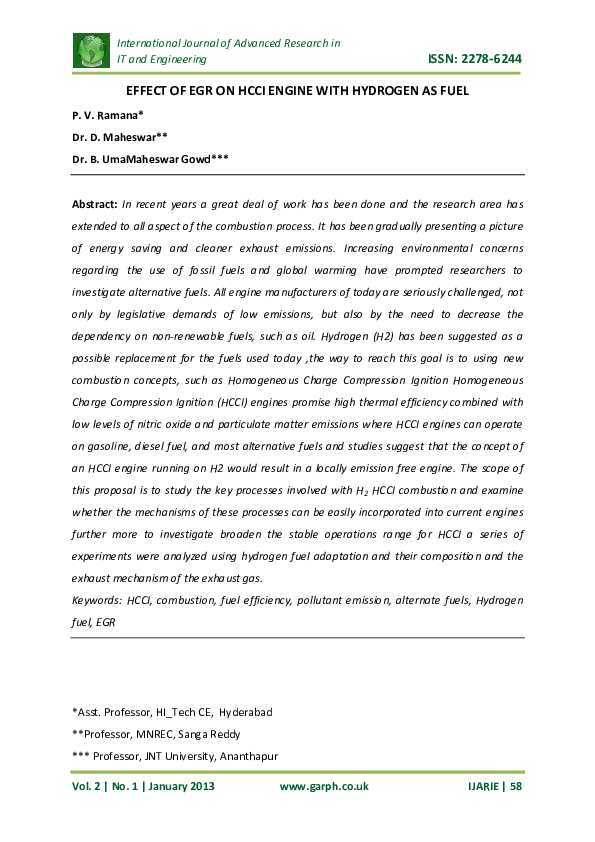 (PDF) EFFECT OF EGR ON HCCI ENGINE WITH HYDROGEN AS FUEL INTRODUCTION