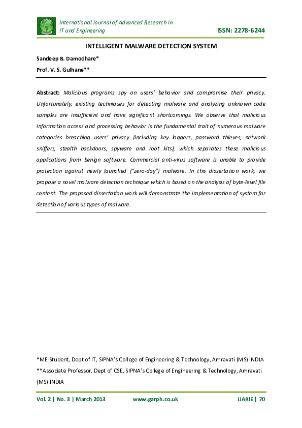 (PDF) INTELLIGENT MALWARE DETECTION SYSTEM