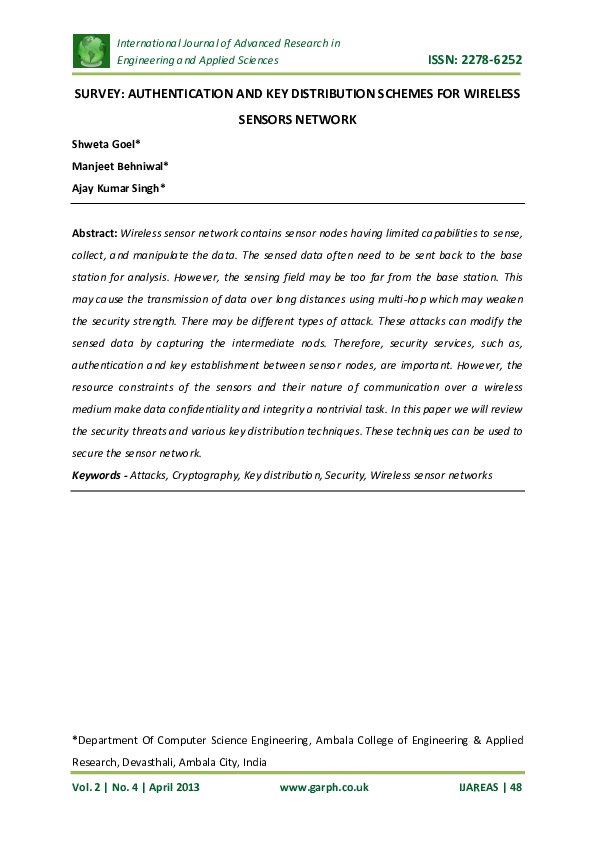 (PDF) SURVEY: AUTHENTICATION AND KEY DISTRIBUTION SCHEMES FOR WIRELESS ...