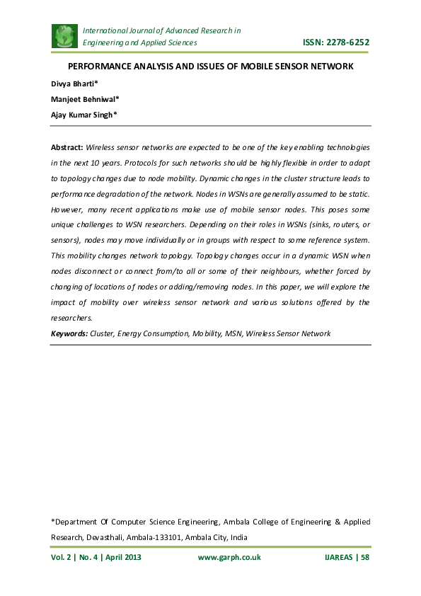 (PDF) PERFORMANCE ANALYSIS AND ISSUES OF MOBILE SENSOR NETWORK