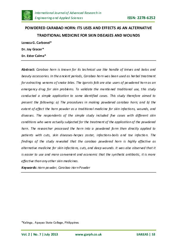 (PDF) POWDERED CARABAO HORN ITS USES AND EFFECTS AS AN ALTERNATIVE