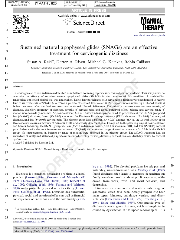 (PDF) Manual therapy 2008 SNAGs are an effective treatment for C D
