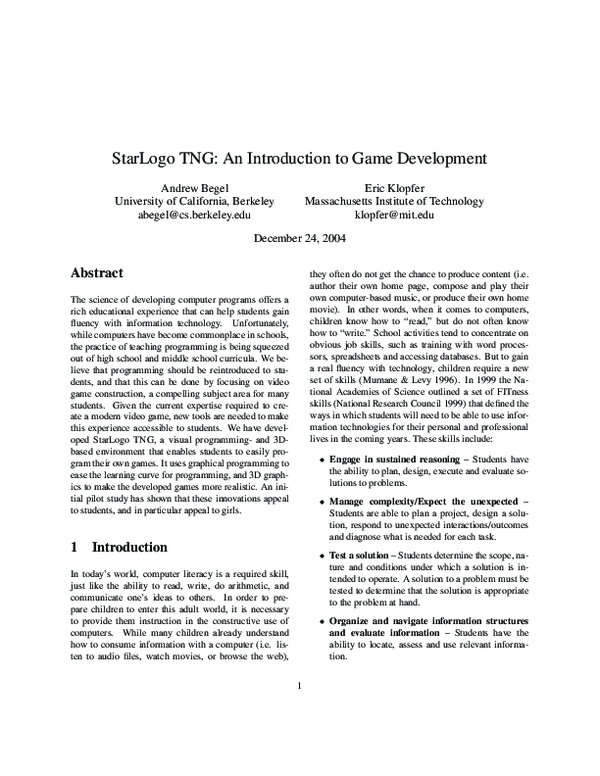 (PDF) Starlogo TNG: An Introduction to Game Development