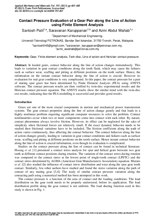 (PDF) Contact Pressure Evaluation of a Gear Pair along the Line of