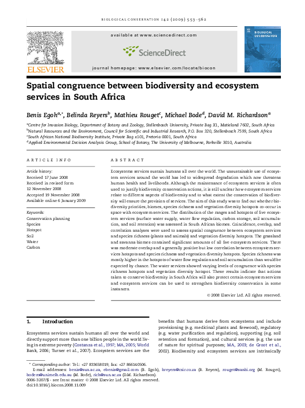(PDF) Spatial Congruence Between Biodiversity and Ecosystem Services In ...