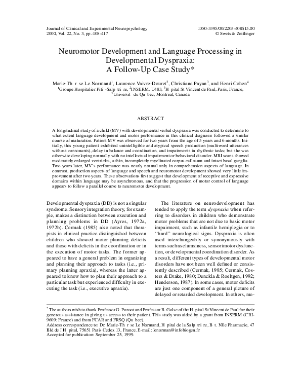 (PDF) Neuromotor development and language processing in developmental dyspraxia a followup
