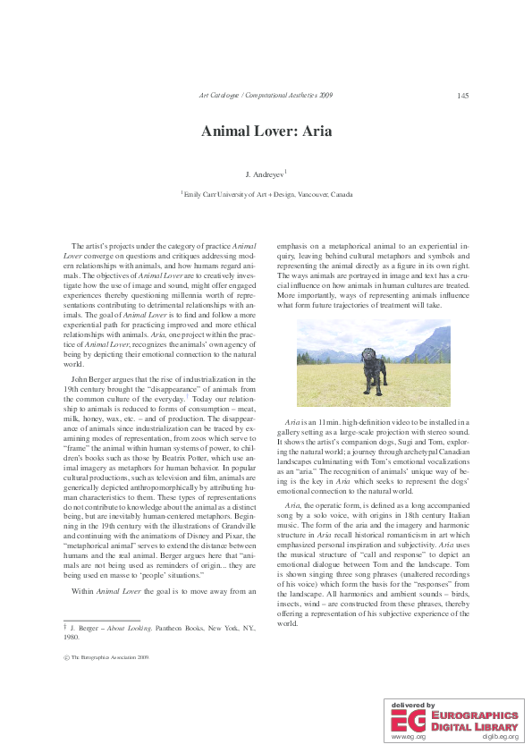 (PDF) "Animal Lover Aria", Art Aesthetics 2009, Eurographics