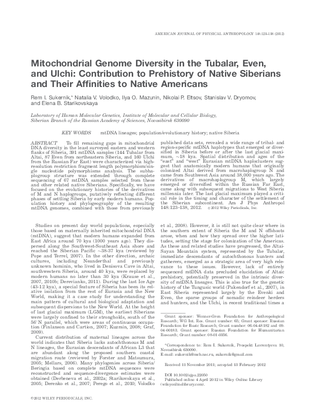 (PDF) Mitochondrial Genome Diversity in the Tubalar, Even, and Ulchi ...