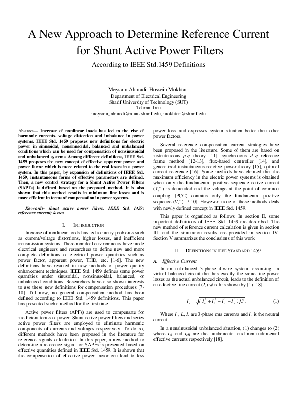 (PDF) A new approach to determine reference current for Shunt Active ...