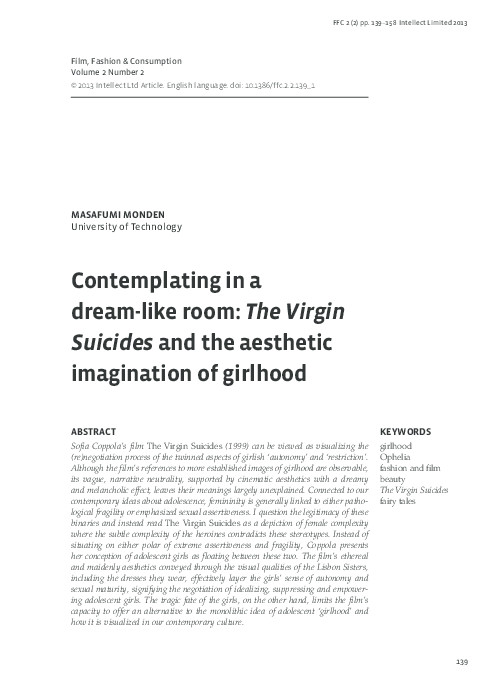 First page of “Contemplating in a dream-like room: The Virgin Suicides and the aesthetic imagination of girlhood”