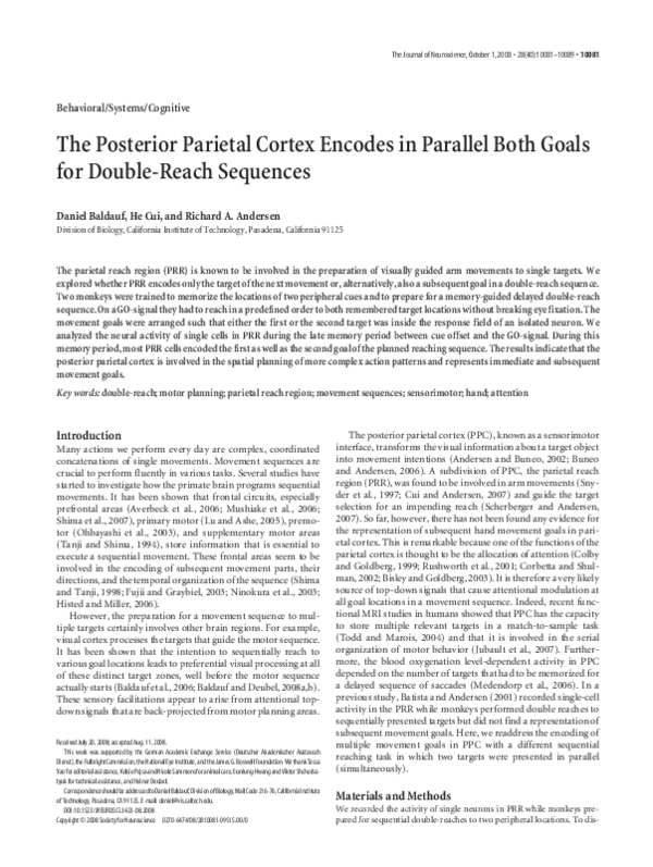 (PDF) The posterior parietal cortex encodes in parallel both goals for ...