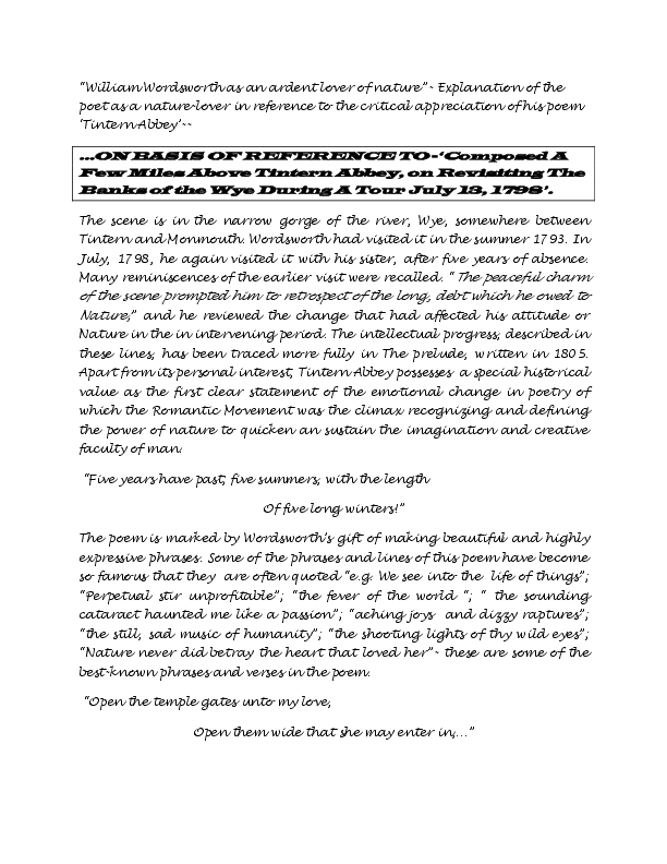 (DOC) WILLIAM WORDSWORTH'S ADMIRABLE LOVE TO NATURE AND GROWTH OF HIS