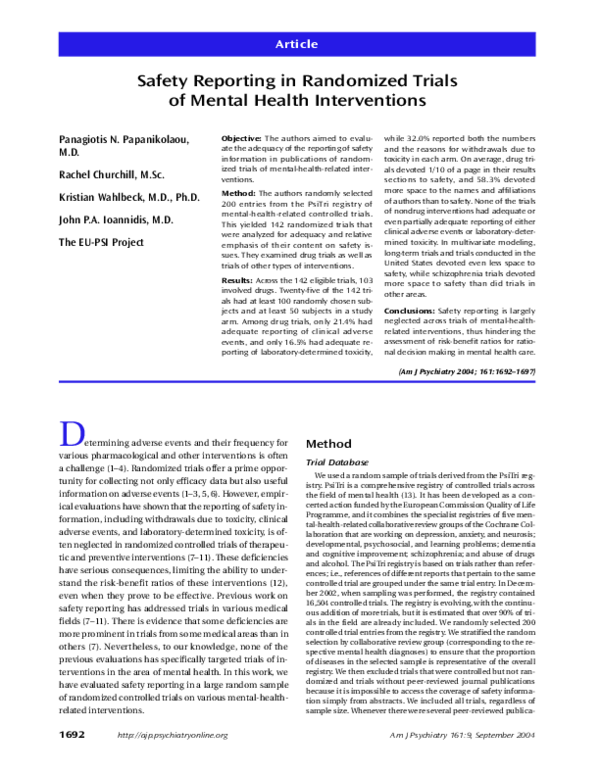 (PDF) Safety Reporting in Randomized Trials of Mental Health Interventions