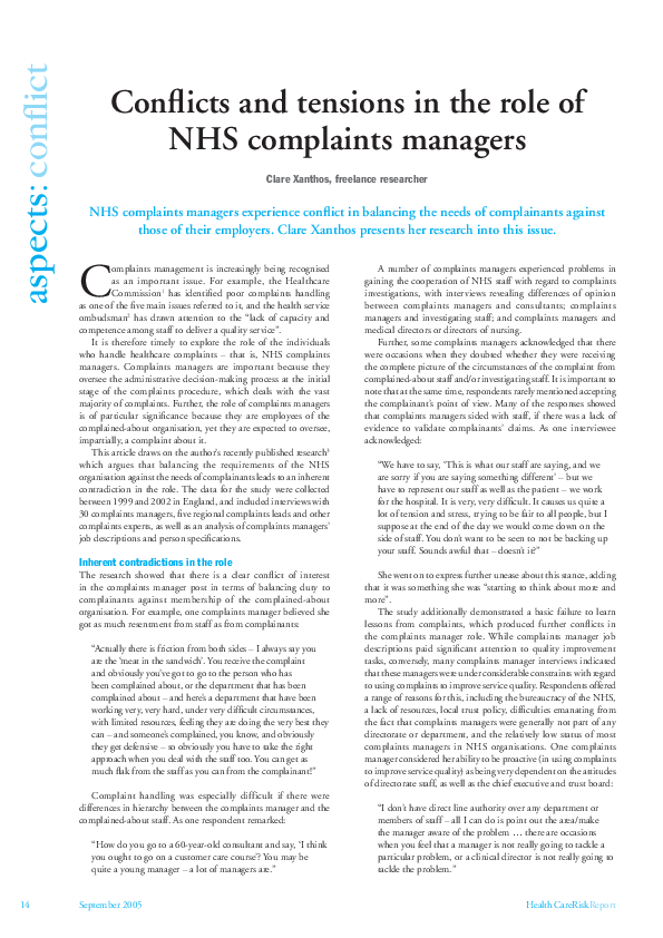 (PDF) Conflicts and tensions in the role of NHS complaints managers