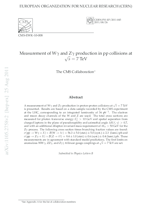 (PDF) Measurement of Wγ and Zγ production in pp collisions at