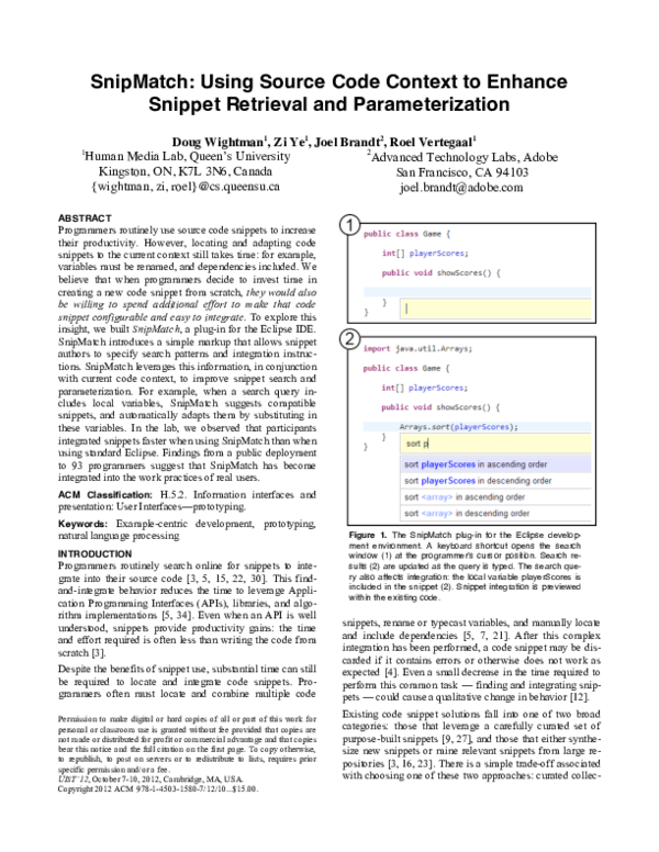 (PDF) SnipMatch: Using Source Code Context to Enhance Snippet Retrieval ...