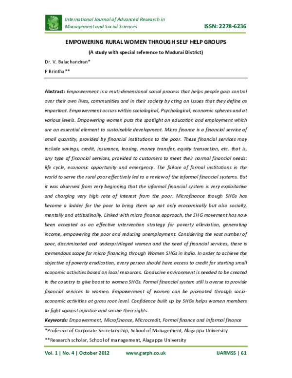 (PDF) EMPOWERING RURAL WOMEN THROUGH SELF HELP GROUPS (A study with ...