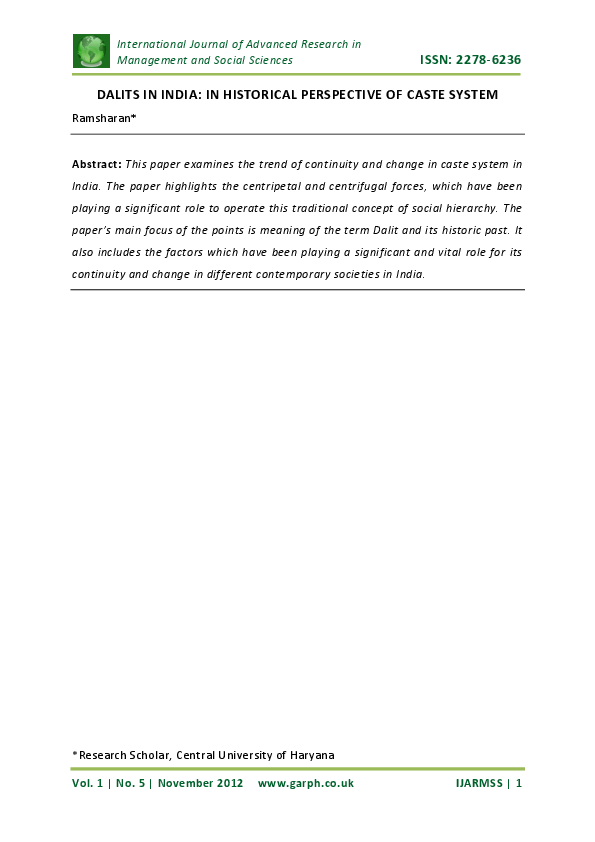 First page of “DALITS IN INDIA: IN HISTORICAL PERSPECTIVE OF CASTE SYSTEM”