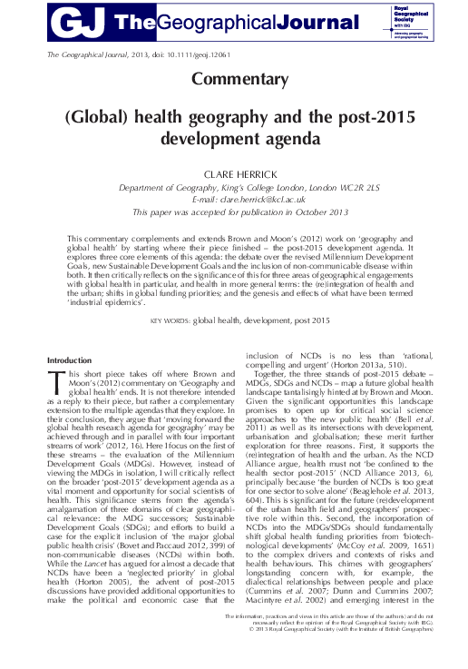 (PDF) (Global) Health Geography and the Post2015 development agenda