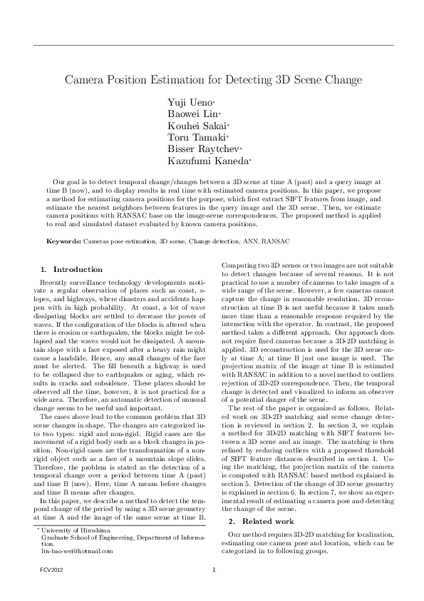 (PDF) Camera Position Estimation for Detecting 3D Scene Change