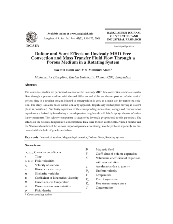 (PDF) DUFOUR AND SORET EFFECTS ON STEADY MHD FREE CONVECTION AND MASS ...