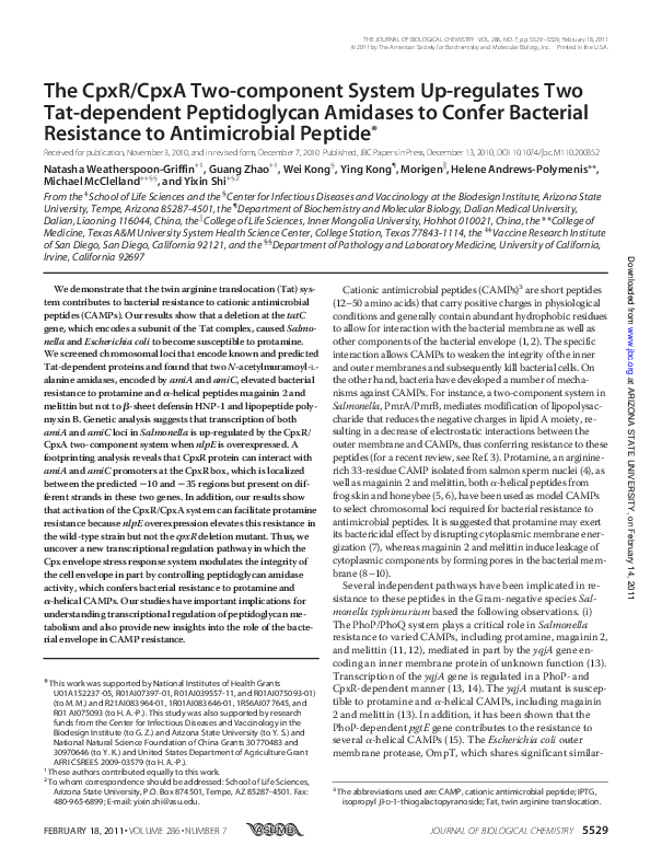 (PDF) The CpxR/CpxA two-component system upregulates two Tat-dependent ...