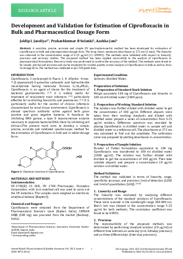 (PDF) Development and Validation for Estimation of Ciprofloxacin in ...