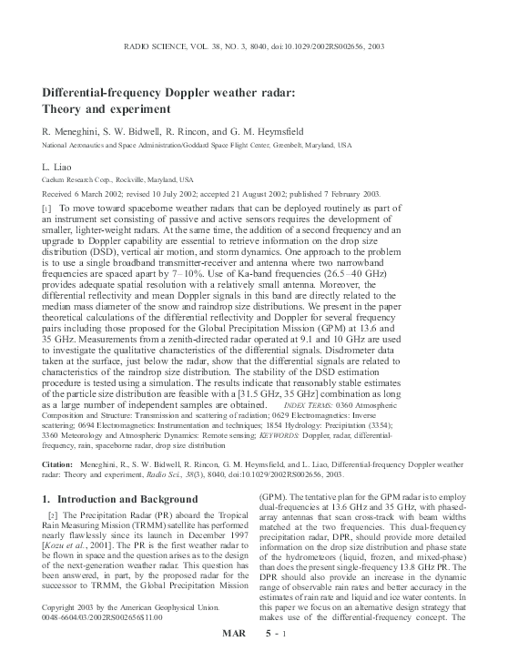 (PDF) Differential-frequency Doppler weather radar: Theory and experiment
