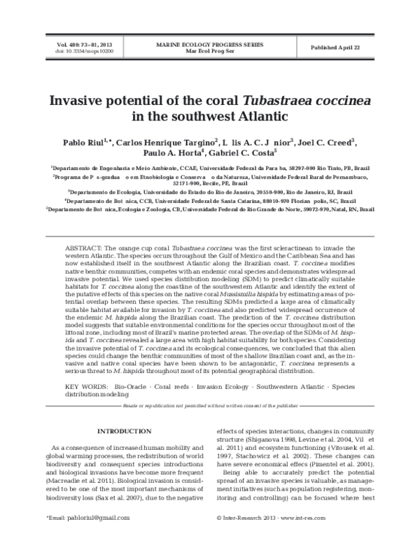 (PDF) Invasive potential of the coral Tubastraea coccinea in the
