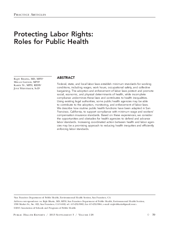 (PDF) Protecting labor rights: roles for public health