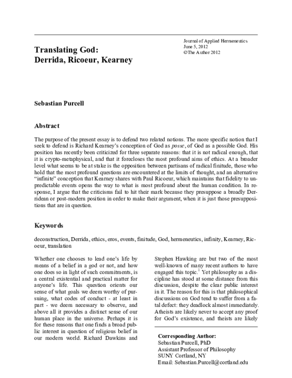 (PDF) Translating God: Derrida, Ricoeur, Kearney