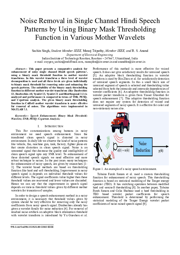 Noise removal in single channel Hindi speech patterns by using binary ...