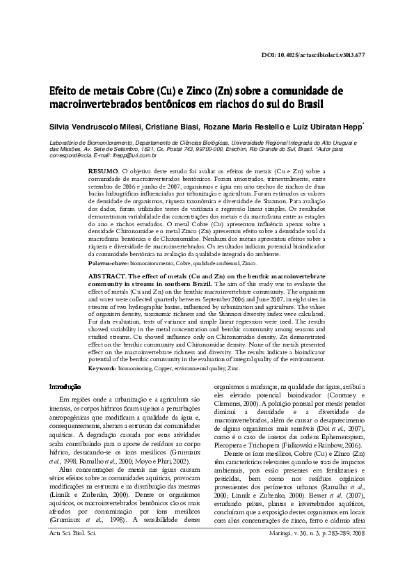  pdf efeito de metais sobre a comunidade de macroinvertebrados