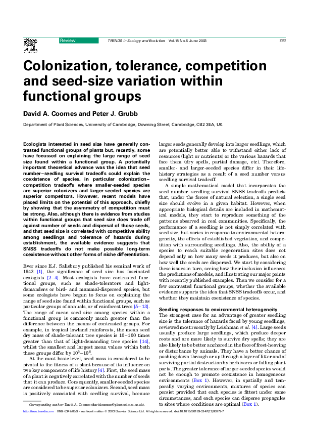 (PDF) Colonization, tolerance, competition and seed-size variation ...