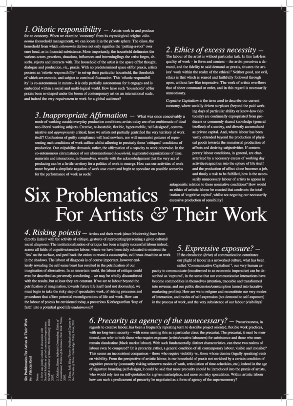 Six Problematics for Artists and their Work
