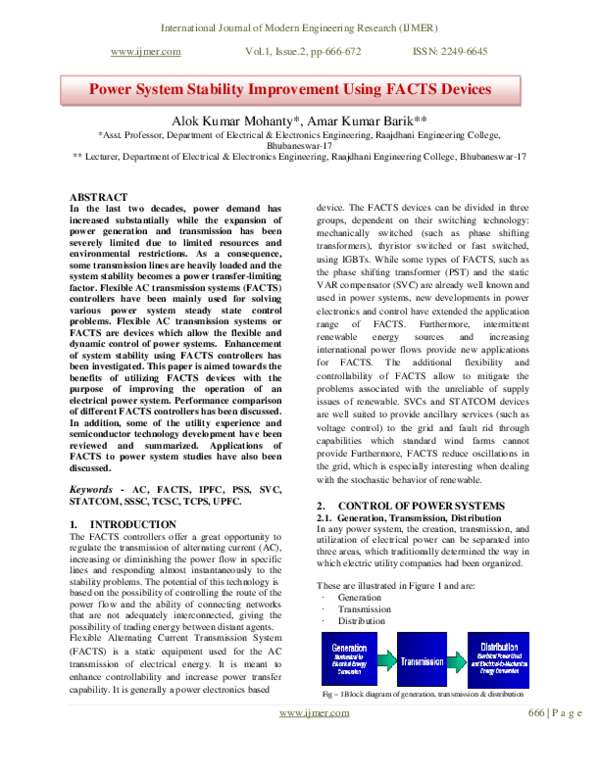 (PDF) Power System Stability Improvement Using FACTS Devices Amar K