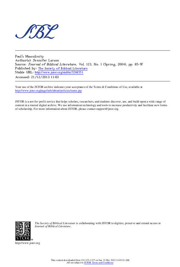 (PDF) Paul #39 s Masculinity (Journal of Biblical Literature 2004)