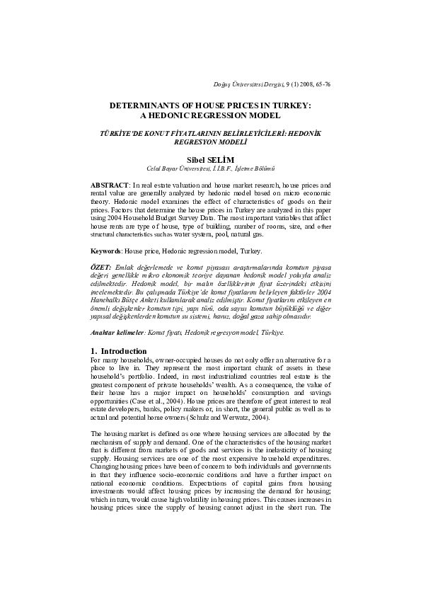 (PDF) DETERMINANTS OF HOUSE PRICES IN TURKEY ferhan arslan Academia.edu