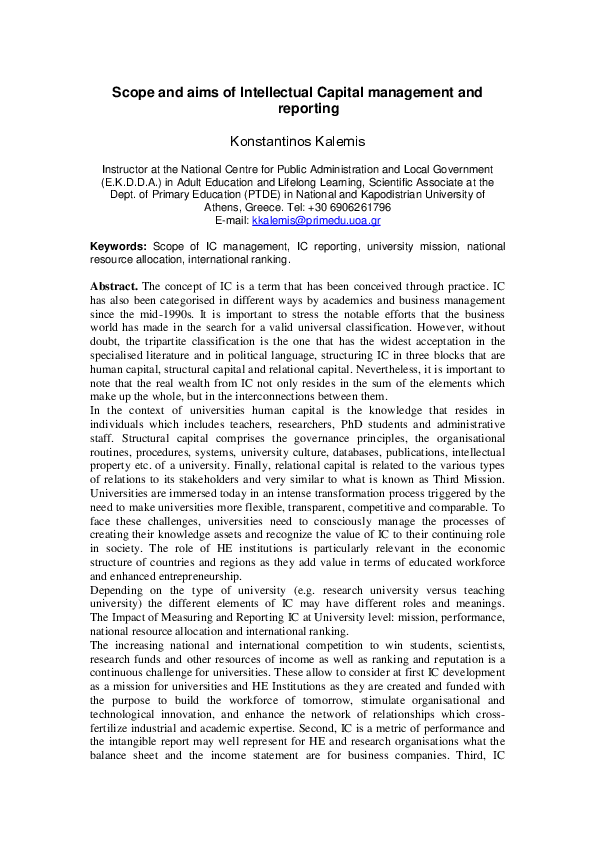 (DOC) Scope and aims of Intellectual Capital management and reporting