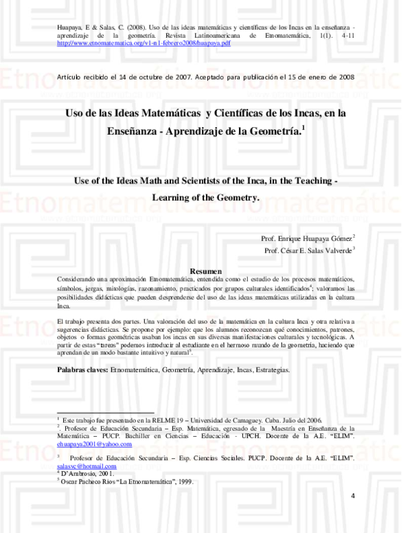 (PDF) Uso de las Ideas Matemáticas y Científicas de los Incas, en la ...