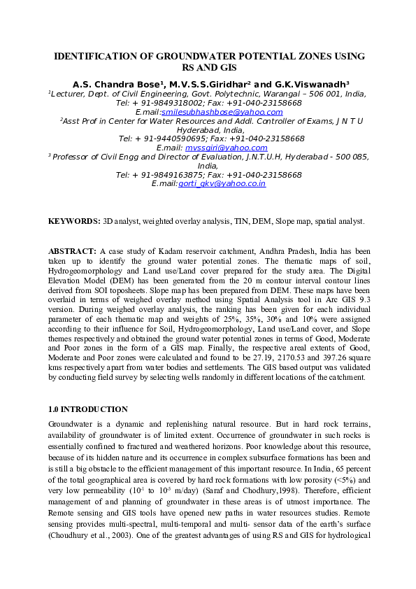 (DOC) IDENTIFICATION OF GROUND WATER POTENTIAL ZONES USING RS & GIS