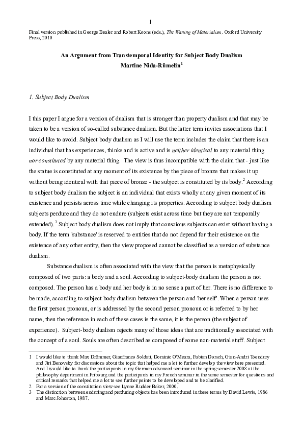 An Argument From Transtemporal Identity For Subject Body Dualism 2010 