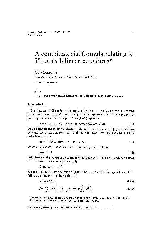 (PDF) A combinatorial formula relating to hirota bilinear equation
