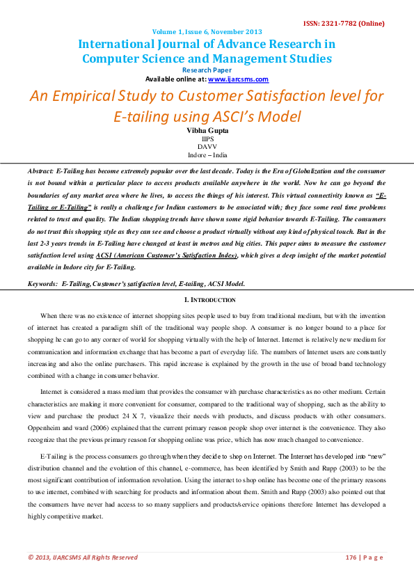 (PDF) An Empirical Study to Customer Satisfaction level for E-tailing ...