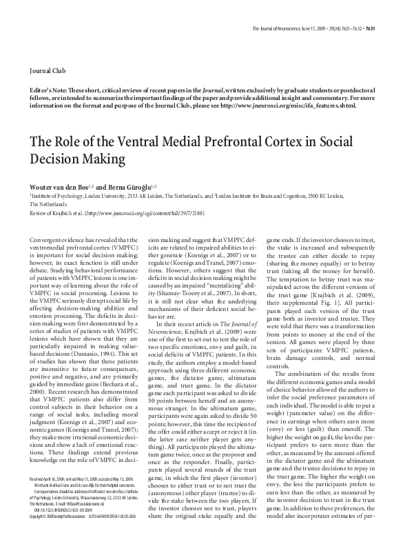 (PDF) The role of the ventral medial prefrontal cortex in social ...