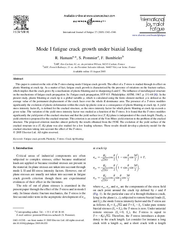 (PDF) Mode I fatigue crack growth under biaxial loading