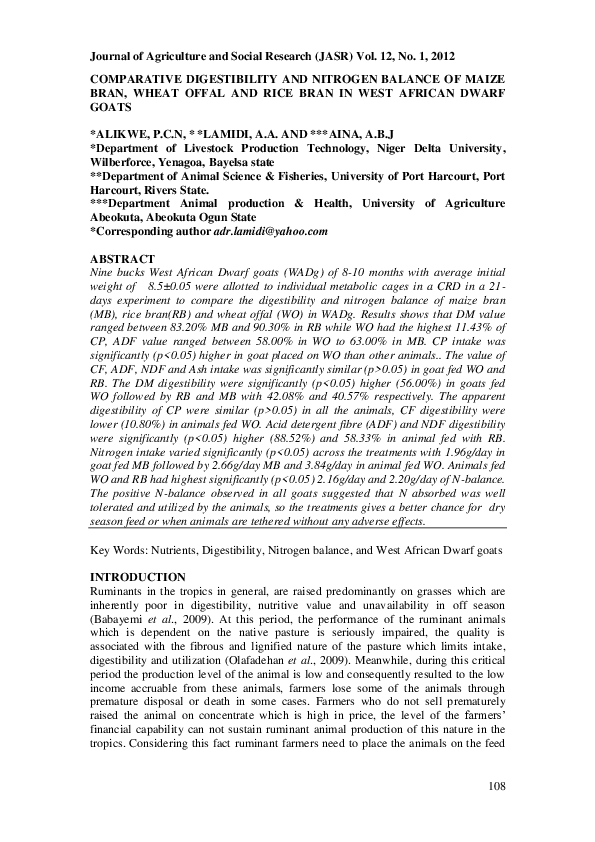 ALIKWE COMPARATIVE DIGESTIBILITY AND NITROGEN BALANCE OF MAIZE BRAN