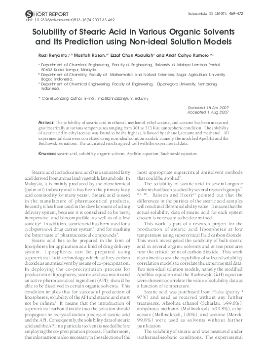 (PDF) Solubility of Stearic Acid in Various Organic Solvents and Its
