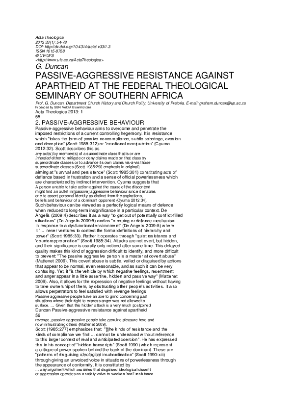 (DOC) Passiveaggressive Resistance at the Federal Theological Seminary of Southern Africa