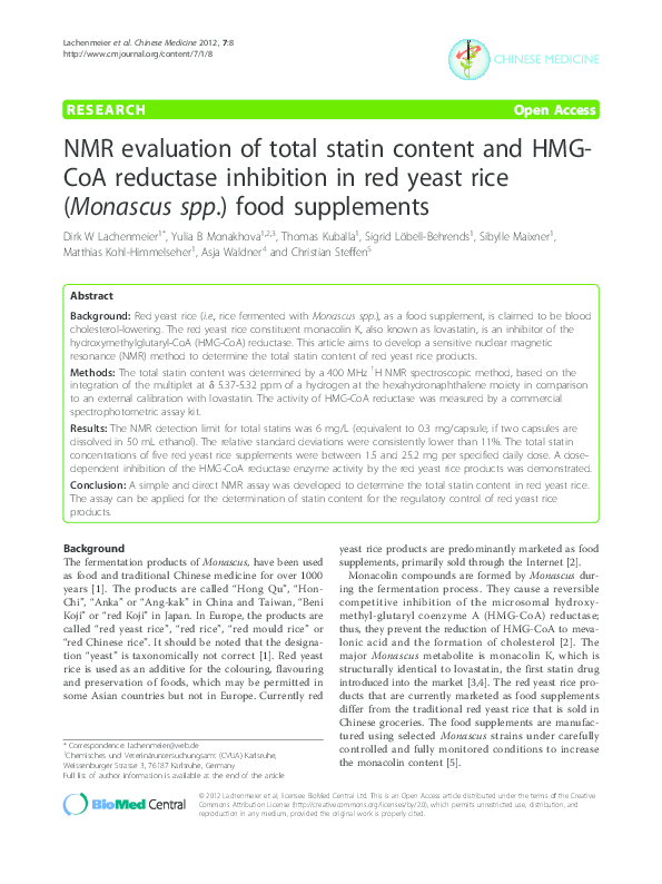 (PDF) NMR evaluation of total statin content and HMGCoA reductase